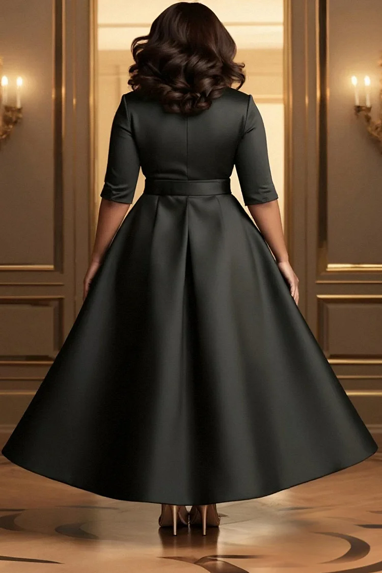 Xpluswear Design Plus Size Formal Black Wrap Neck Half Sleeve With Skirt Overlay Elegant Satin Midi Dresses [Pre-Order]