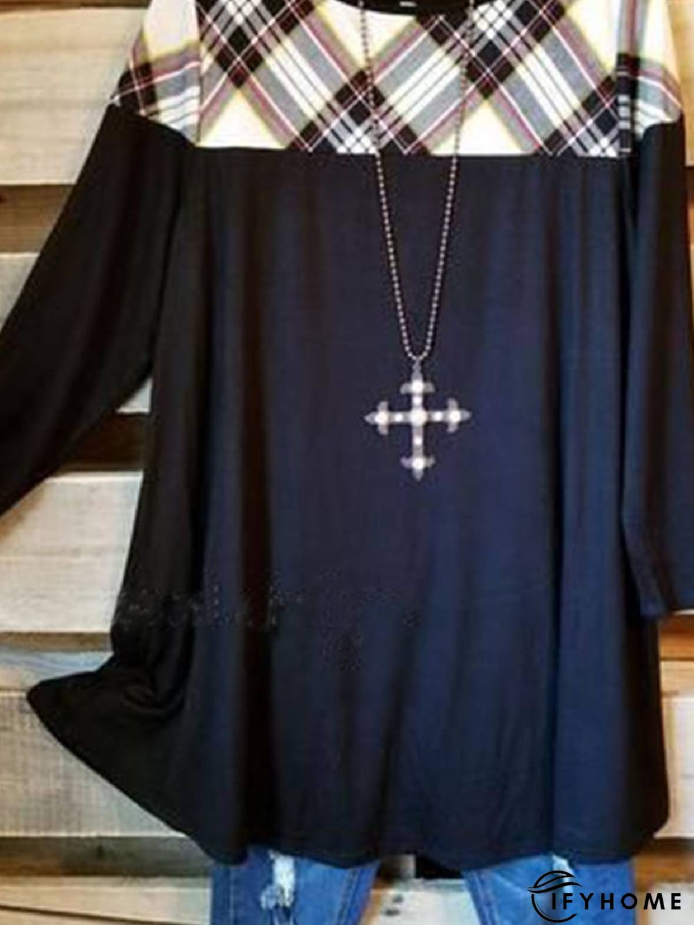 Long Sleeve Paneled Crew Neck Checkered/plaid Tunic T-Shirt | IFYHOME