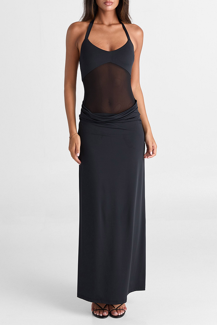 Mesh Patchwork Slim Fit Halterneck Maxi Dresses-Black [Pre Order]