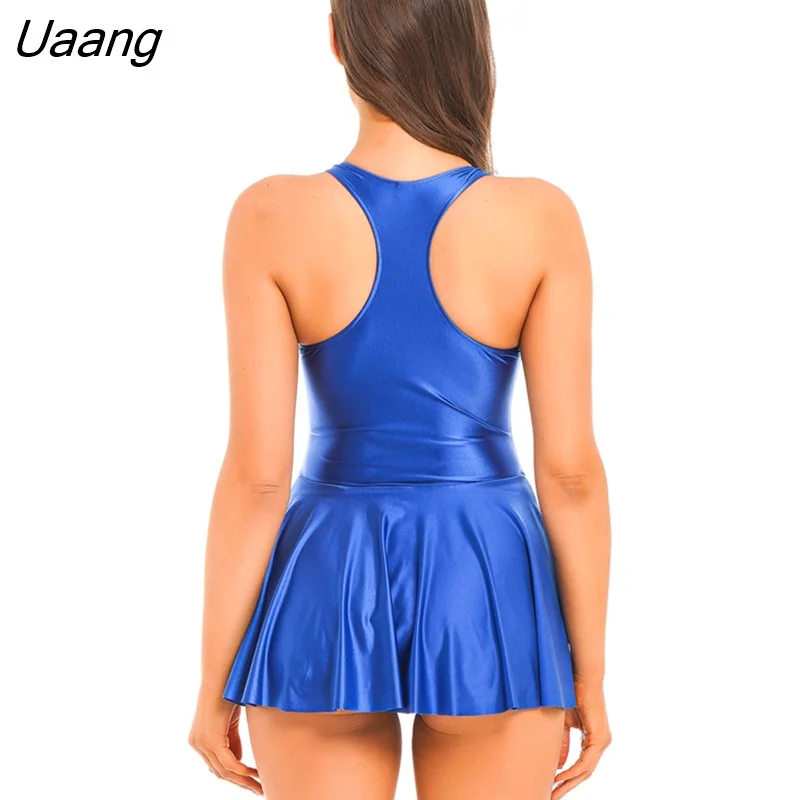Uaang Womens Glossy Skirted Leotards Dance Dress Sexy Oil Shiny Tight Sports Yoga Ballet Practice Training Clothing Gymnastics Tutu
