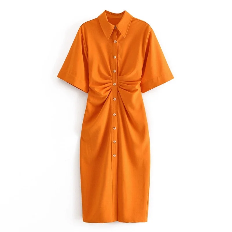 Tangada Fashion Women Solid Orange Tunic Dress Short Sleeve Elegant Ladies Midi Dress Vestidos 3H906