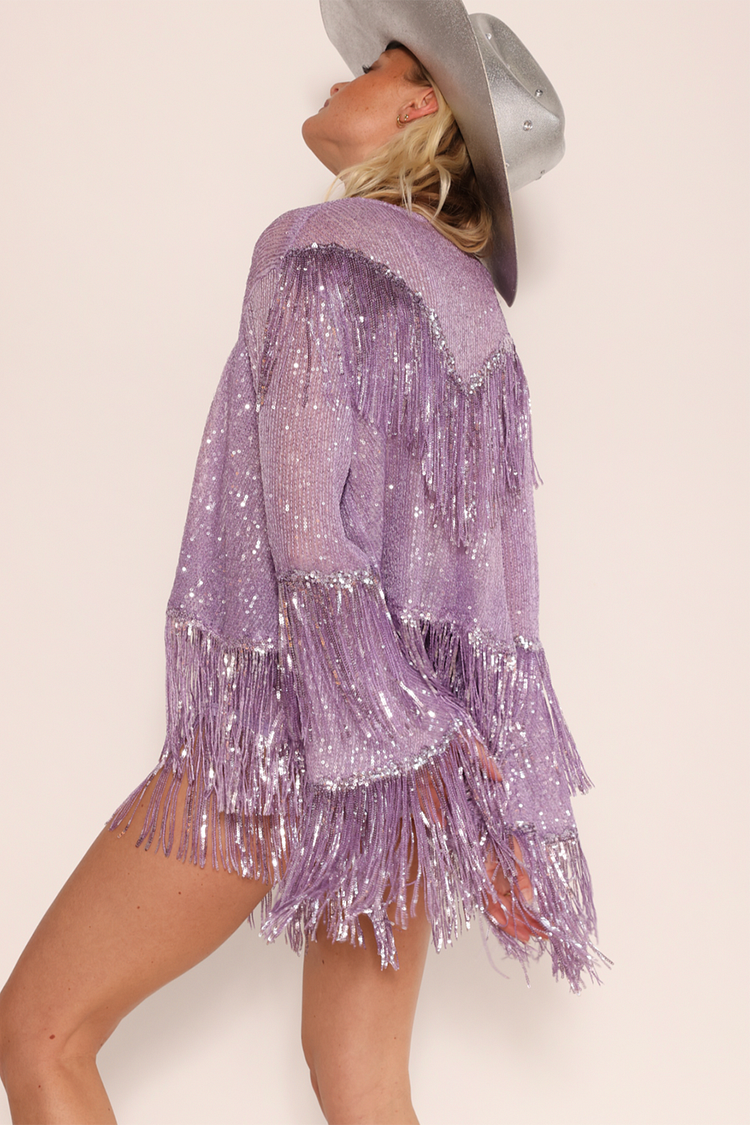 Flare Sleeve Fringe Sequin Blouse-Purple