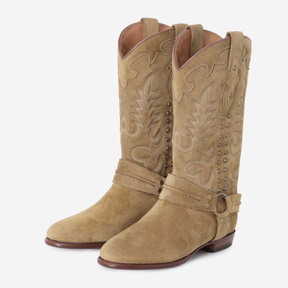Khaki Stitching Studs Buckle Strap Round Toe Mid-Calf Cowgirl Boots Nicepairs