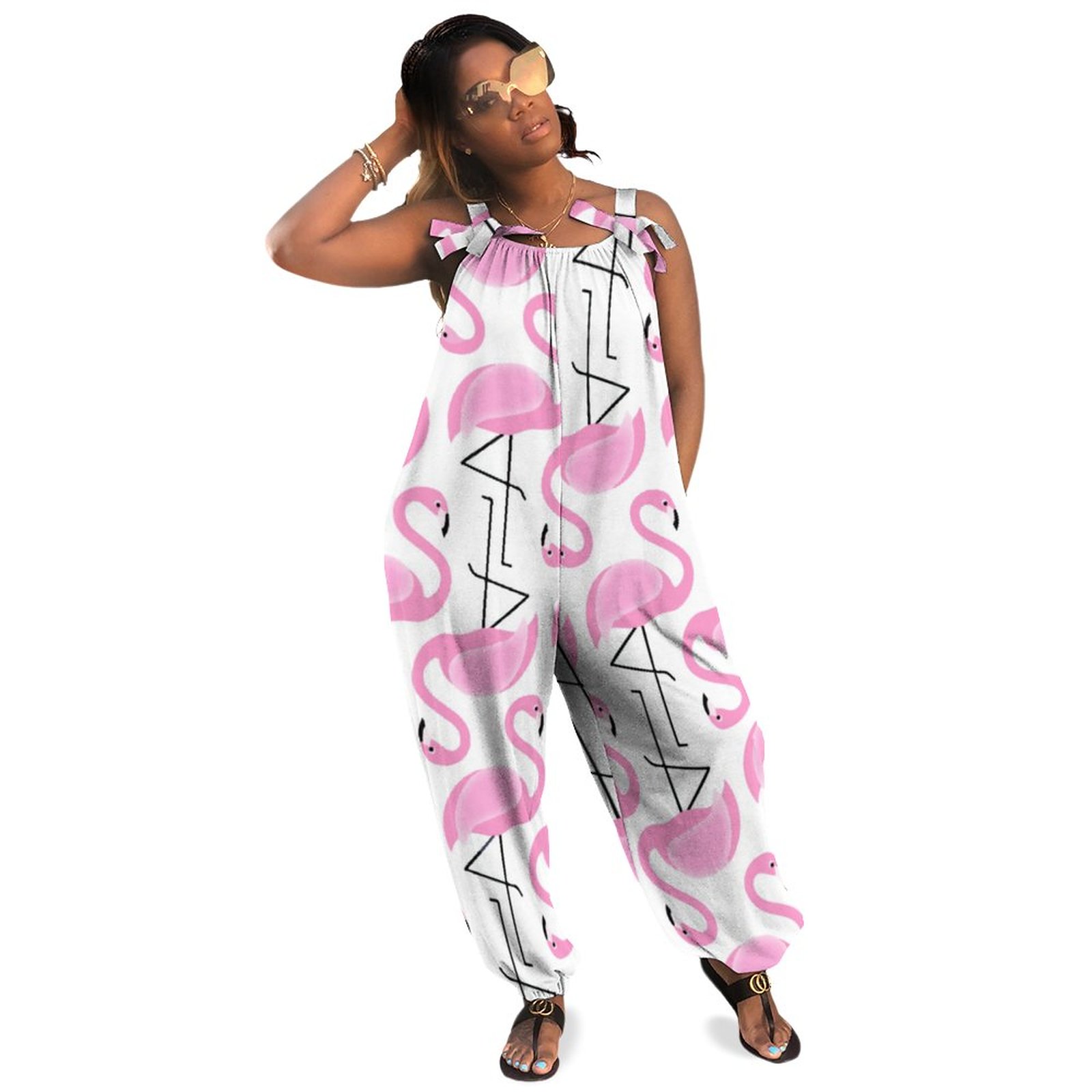 Pink Painted Flamingo Pattern Boho Vintage Loose Overall Corset Jumpsuit Without Top