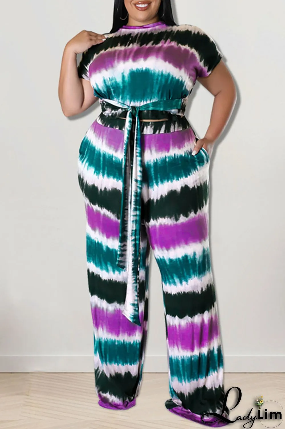 Purple Casual Striped Print Tie Dye Bandage Patchwork O Neck Plus Size Two Pieces