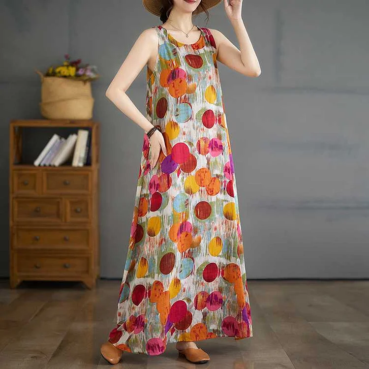 Vintage Printed Sleeveless Round Neck Dress