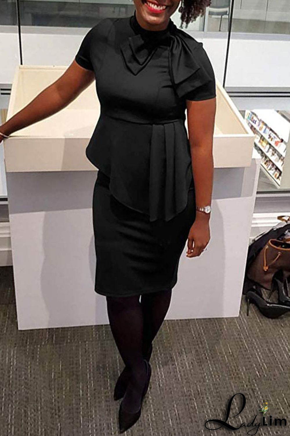 Coral Powder Casual Solid Patchwork Asymmetrical With Bow O Neck One Step Skirt Dresses