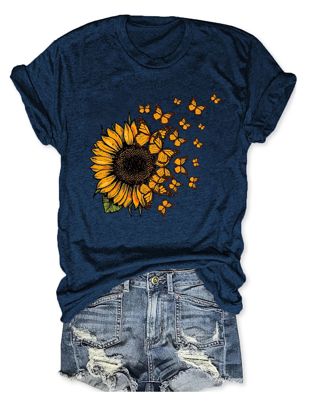 Beautiful Sunflower And Flying Butterflies T-shirt