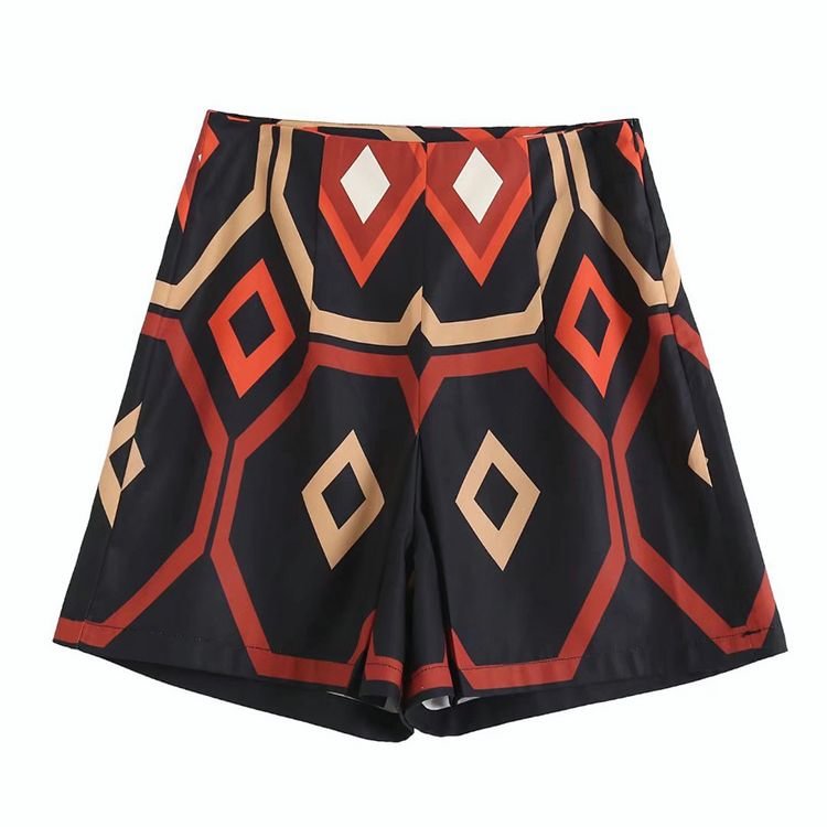Willshela Women Fashion Geometric Printed Mid Waist Shorts Vintage Side Zipper Female Chic Lady Short Pants
