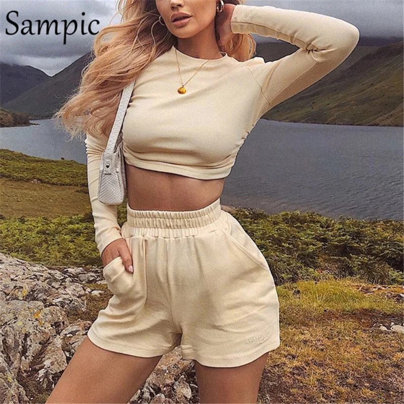 Sampic Summer 2020 Women Beige White Set Long Sleeve Top Shirt And Biker Skinny Shorts Casual Two Piece Set Streetwear Outfits