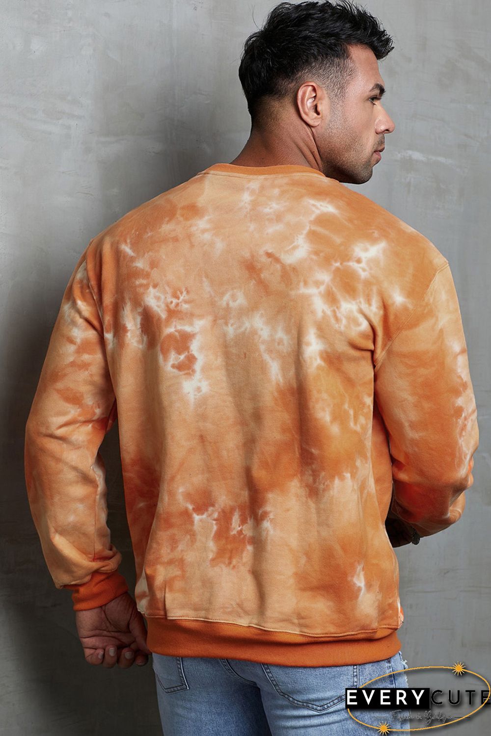 Orange Tie-dyed Letter Print Crew Neck Men's Graphic Sweatshirt