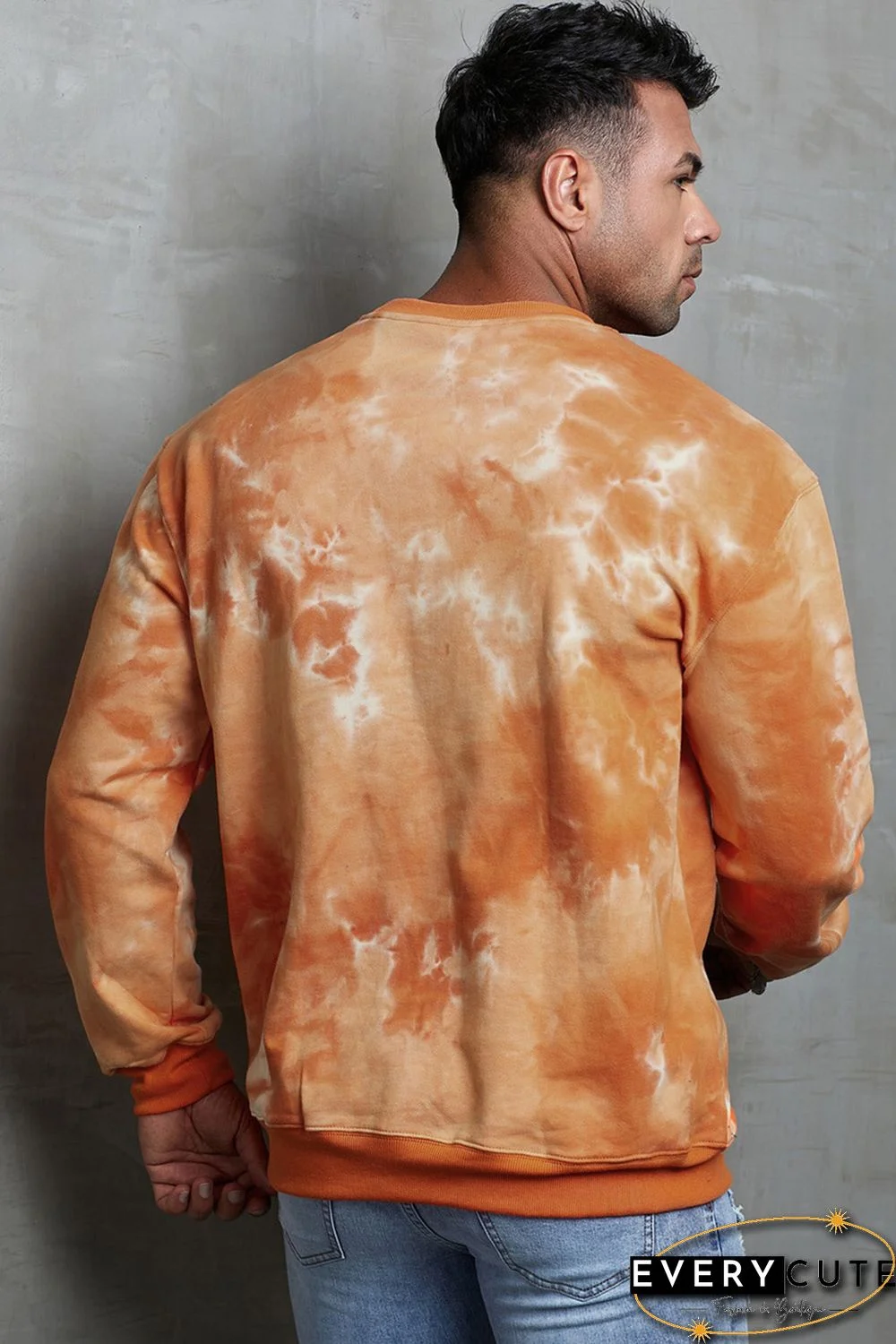Orange Tie-dyed Letter Print Crew Neck Men's Graphic Sweatshirt