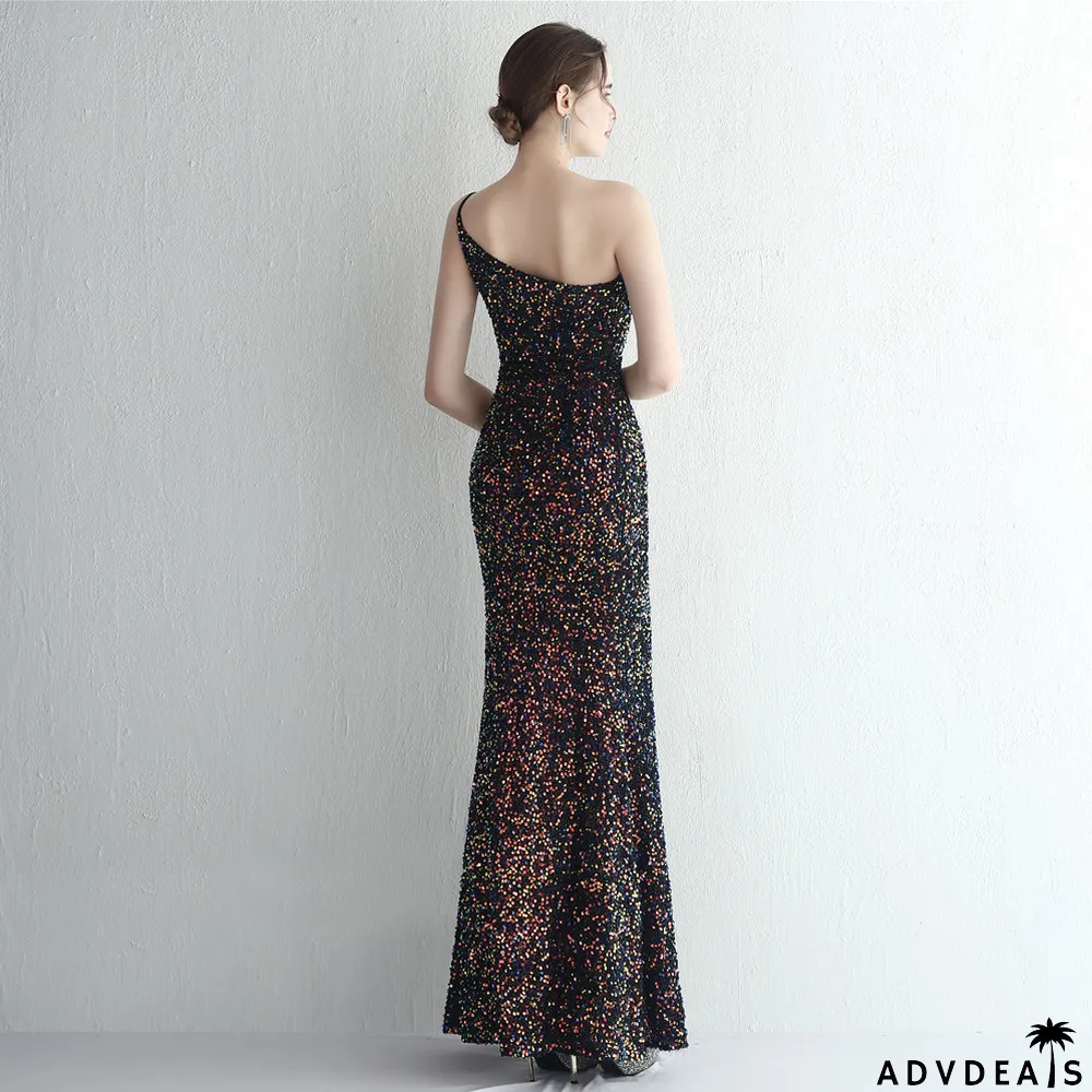 Women Sequined One Shoulder Strap Formal Party Slit Mermaid Evening Dress