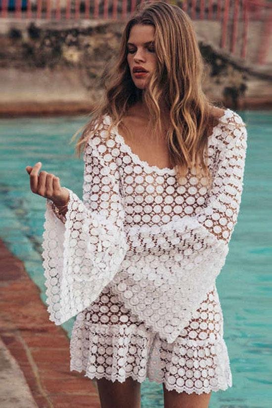 Bell Sleeved Daisy Lace Crochet Sheer Cover Up-elleschic