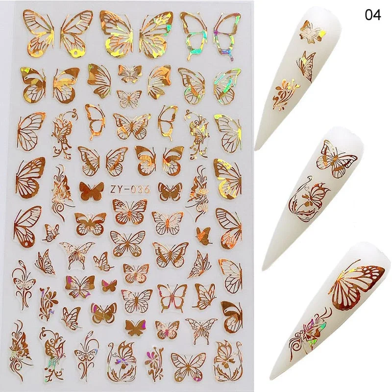 1 Sheet Laser Butterfly Gold Silver Black White 3D Nail Stickers Butterflies Heart Nail Decals Slider DIY Nail Art Decotaion-Nail Inspo