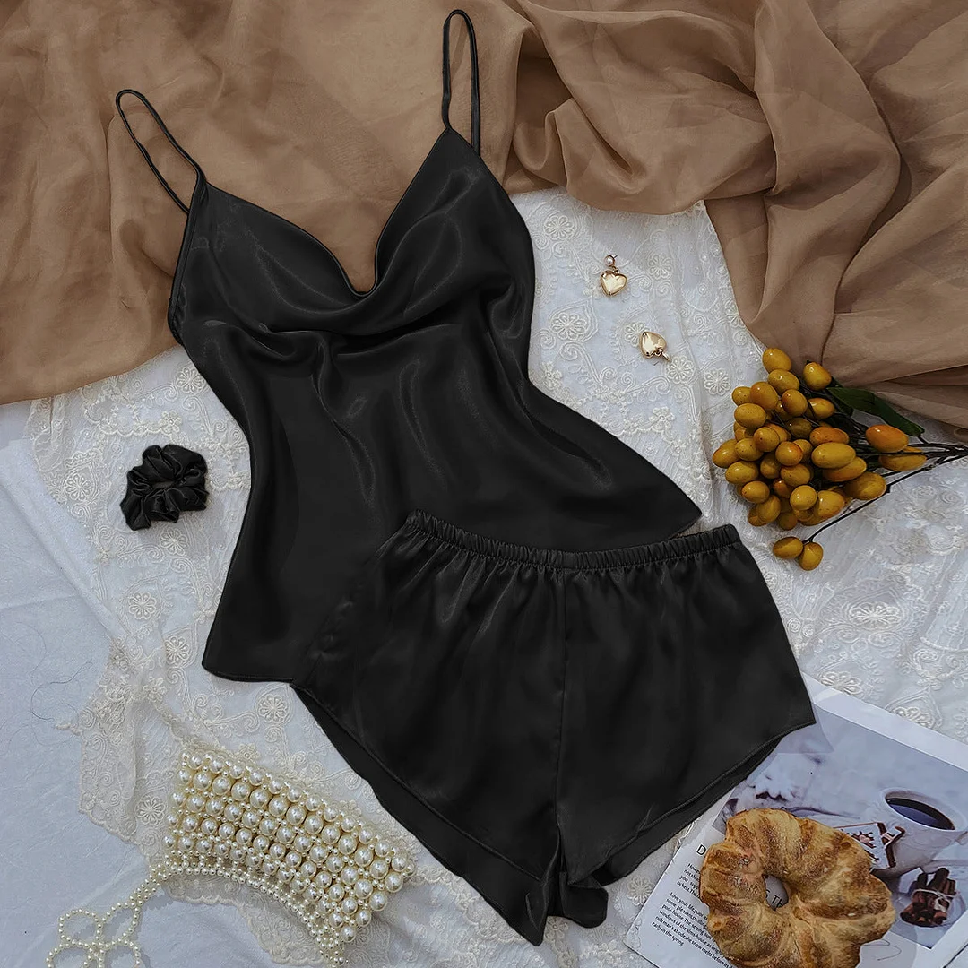 Sexy Plain Sling Top With Shorts Sleepwear Set