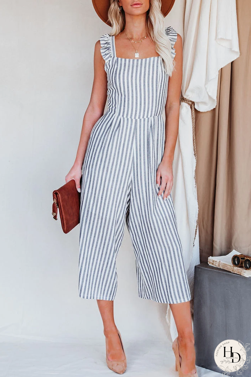 KarliDress Flip Side Pocketed Striped Ruffle Jumpsuit P12525