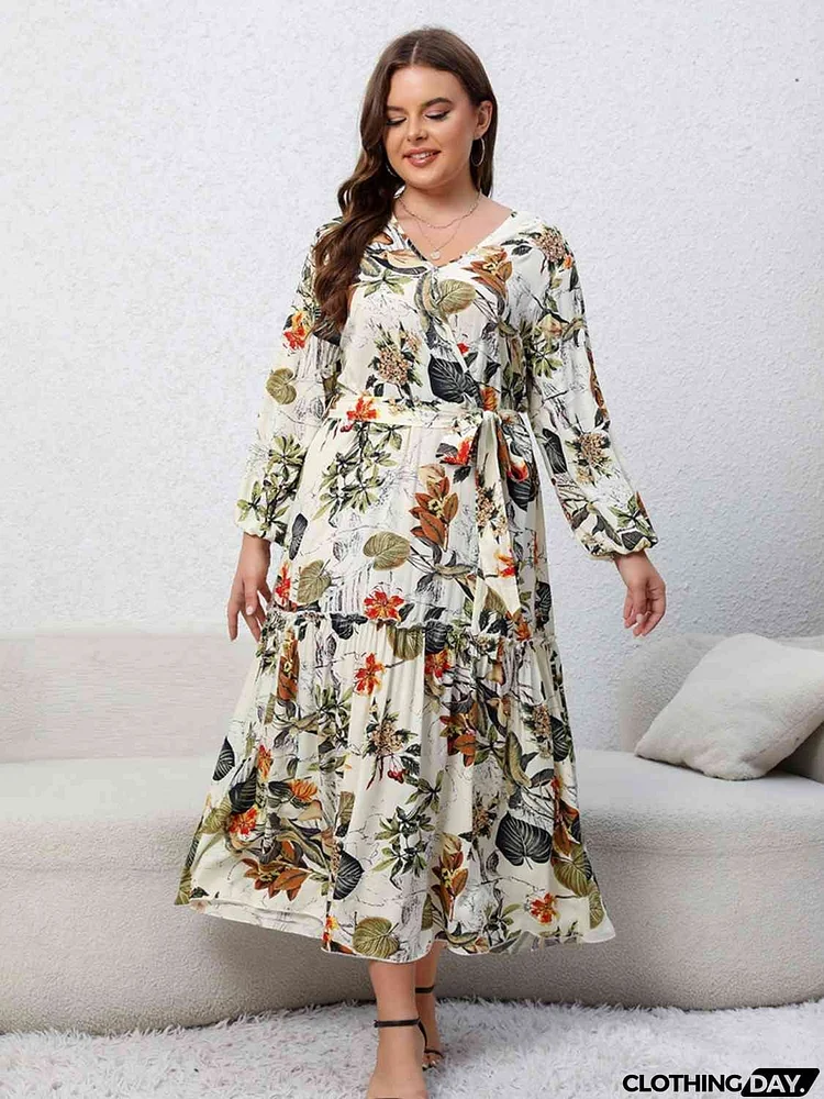 Plus Size Floral Tied Balloon Sleeve Midi Dress