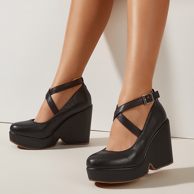 Black Round Toe Vintage Platform Cross Strap Wedge Pumps