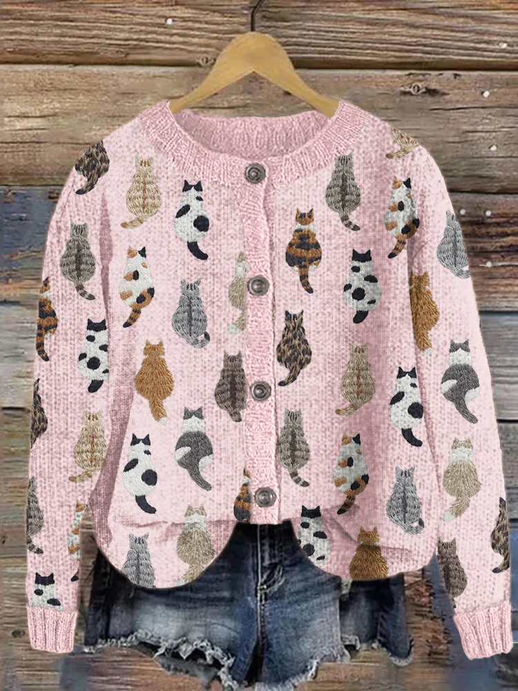 Cute Cats Embroidery Pattern Cozy Knit Cardigan