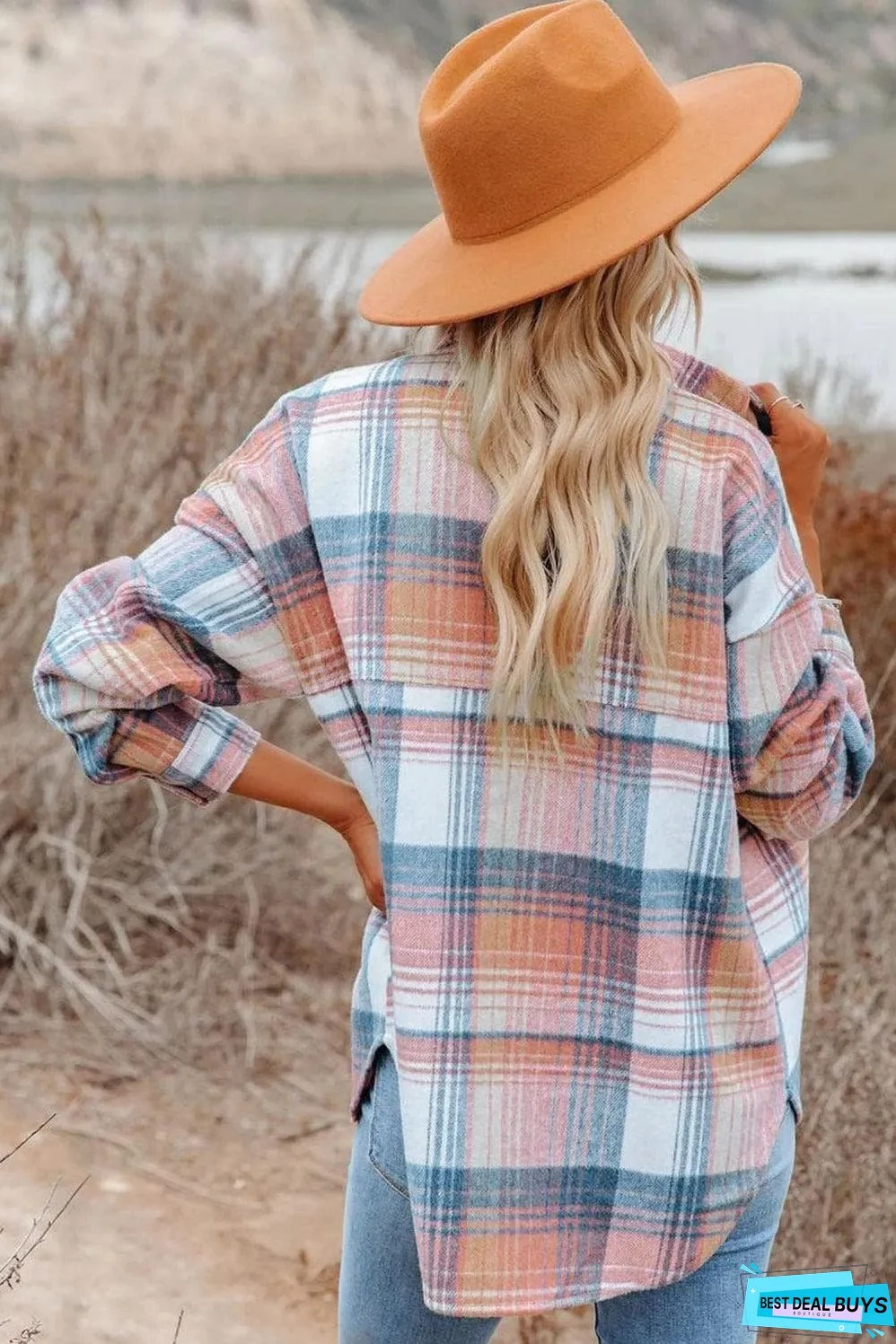 Pink Black/Pink Plaid Flap Pockets Shacket