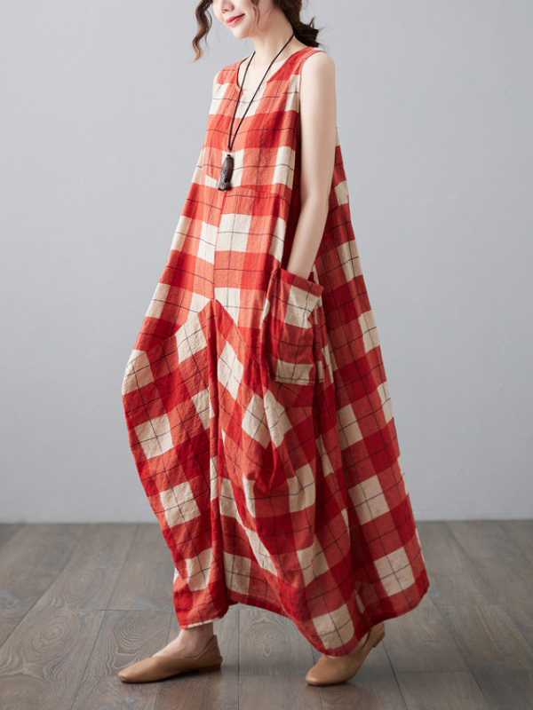 Vintage Loose Plaid Sleeveless Maxi Dress