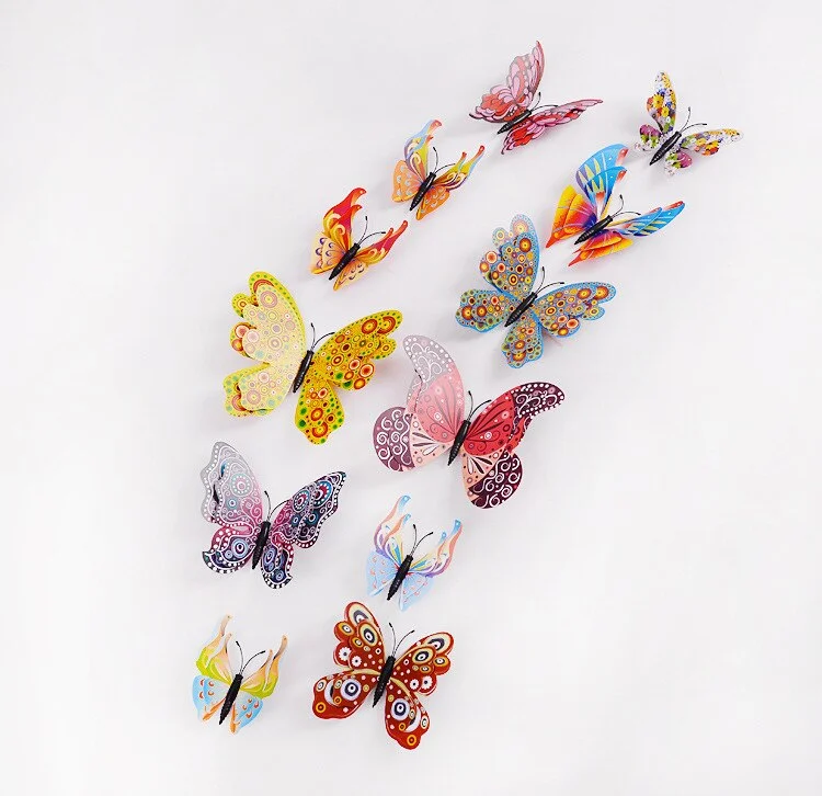 New style 12Pcs Double layer 3D Butterfly Wall Sticker on the wall Home Decor Butterflies for decoration Magnet Fridge stickers