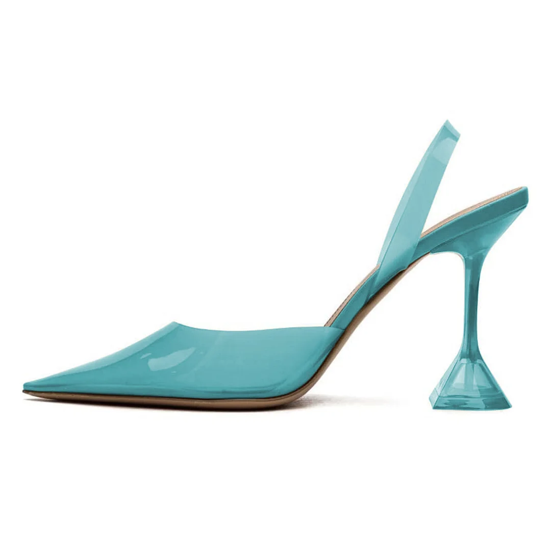 Blue Transparent Pointed Toe Flared Heel Slingback Pumps for Women