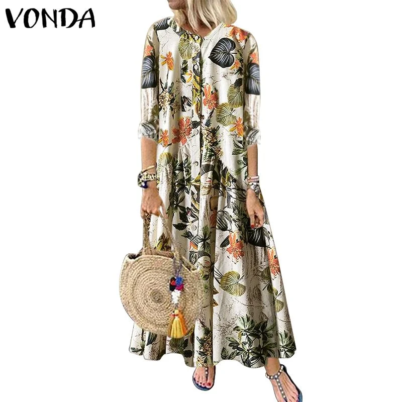 Fashion Floral Printed Maxi Dress Women Bohemian Vintage Party Dress VONDA 2021 Casual Loose Long Sleeve Vestidos Oversized Robe