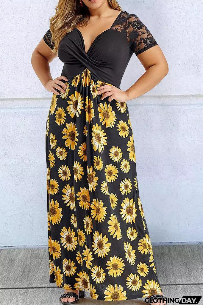 Plus Size Sunflower Lace Twist Knot Maxi Dress