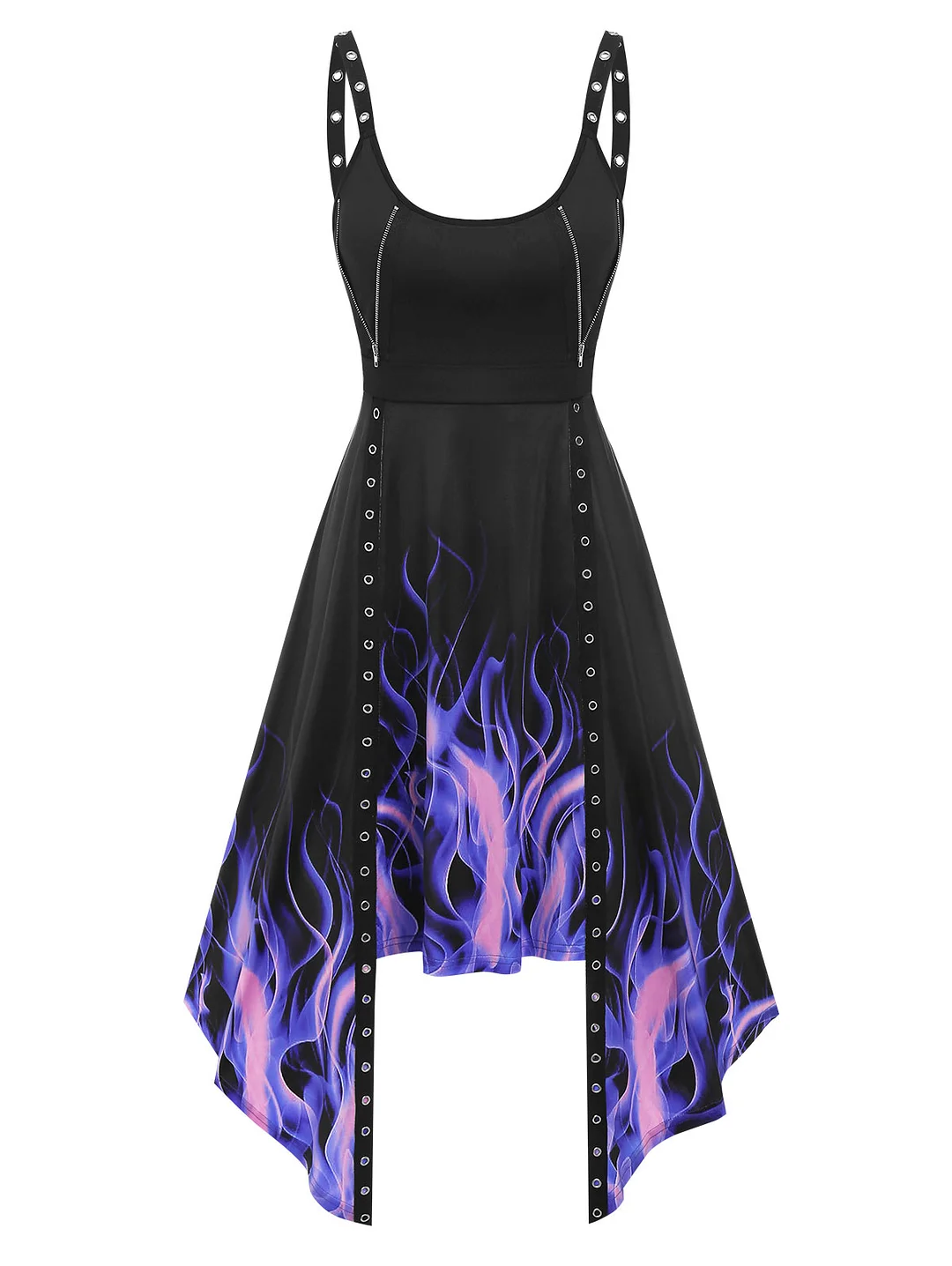 Zingj Fire Print Eyelets Asymmetric Dress Irregular Zippered Gothic Jurken Streetwear Femme Dresses