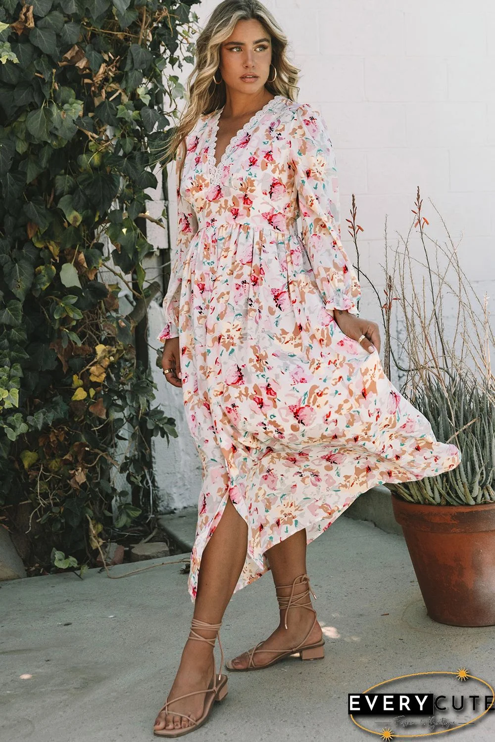 Pink Lace Patchwork Cut Out Back Floral Maxi Dress