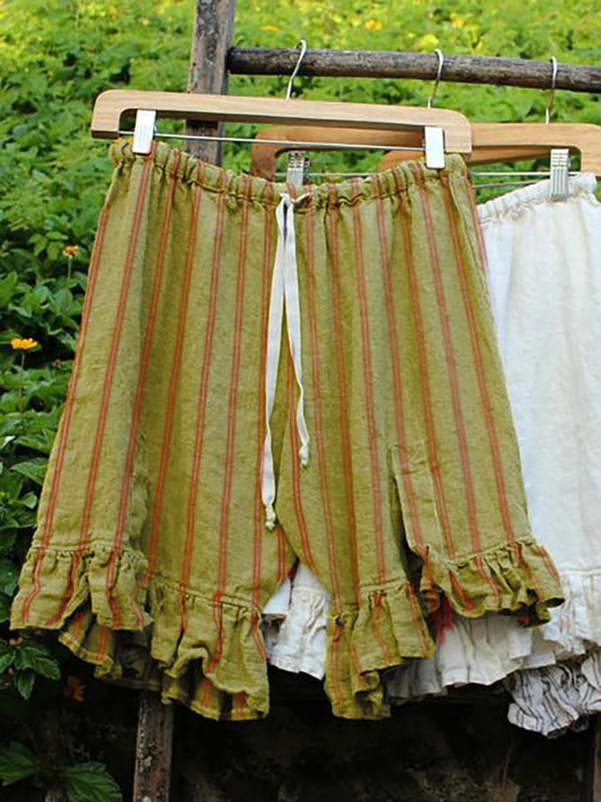 Women Folds Lace Up Elastic Waistband Shorts Stripe Linen Bloomers
