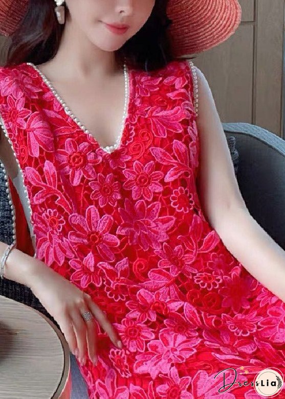 Natural Red V Neck Hollow Out Lace Long Dress Summer