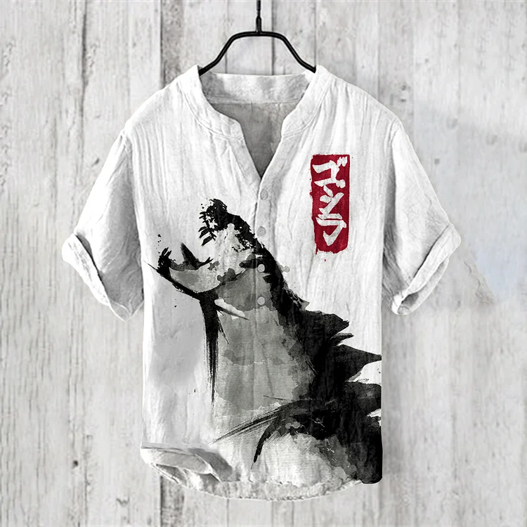 Vintage Godzilla Japanese Ink Art  Linen Blend Shirt