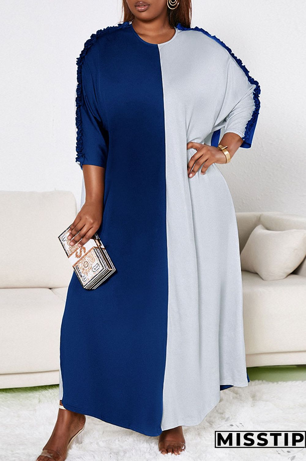 Black Gray Casual Solid Patchwork Stringy Selvedge O Neck Straight Plus Size Dresses