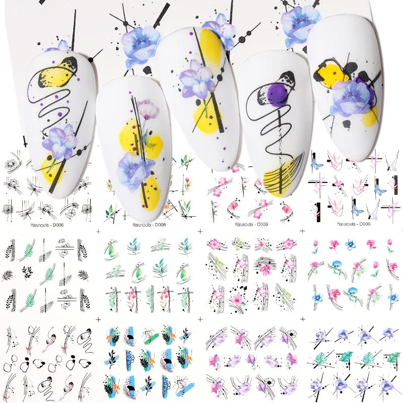 Harunouta 12 Designs Nail Water Decals Leaf Flowers Sliders Line Water Stickers Nail Art Decoration For Nails Tips Beauty