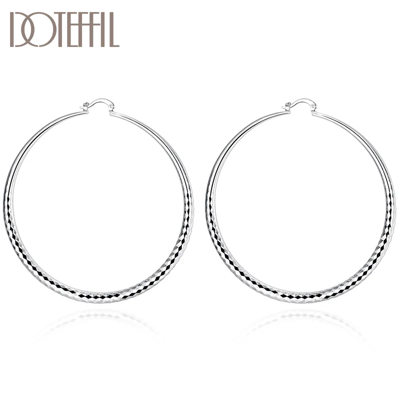 DOTEFFIL 925 Sterling Silver Big Circle 71mm Grain Hoop Earring For Woman Jewelry