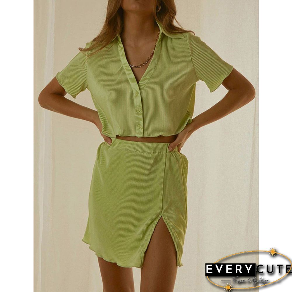 Green Button Crop Top and Split Skirt Set