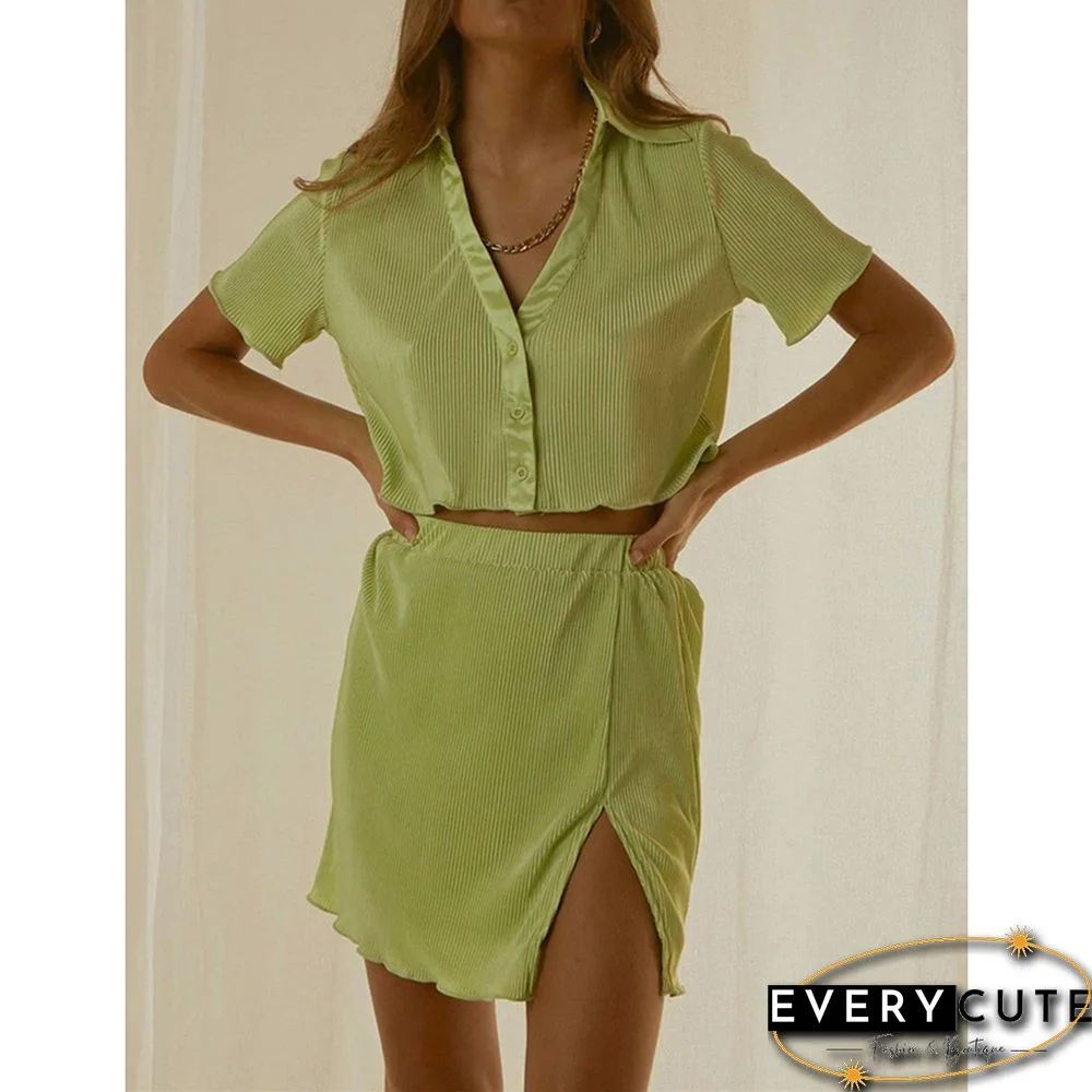 Green Button Crop Top and Split Skirt Set