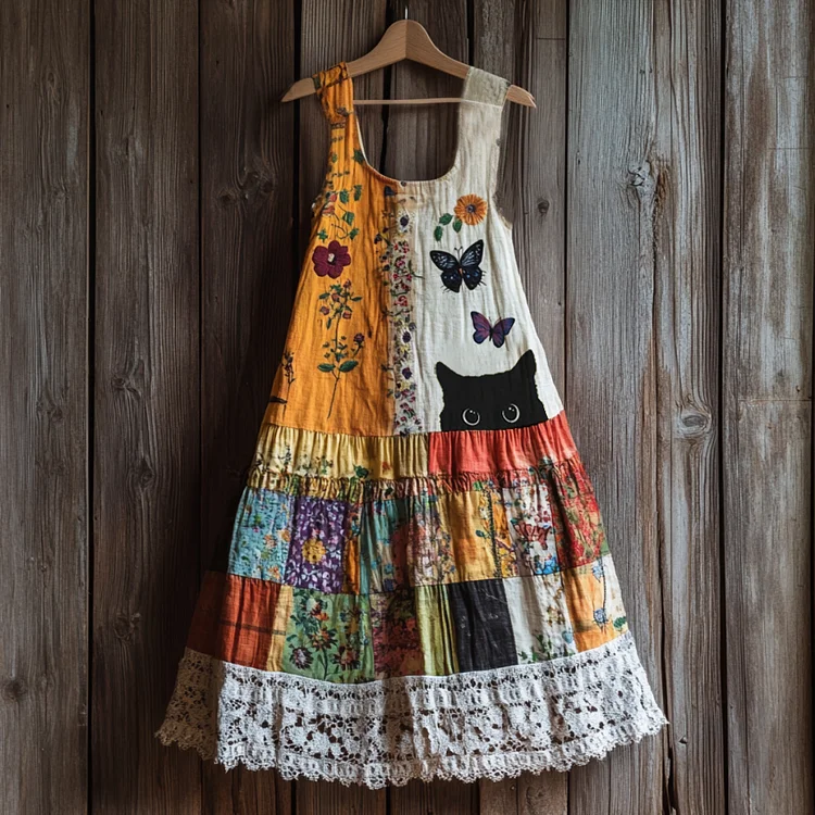 Vintage Abstract Creative Black Cat Peeking With Floral Patchwork Art Linen Tank Dress