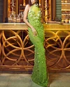 Green Stretchable Net 3d Flowers Embellished Gown