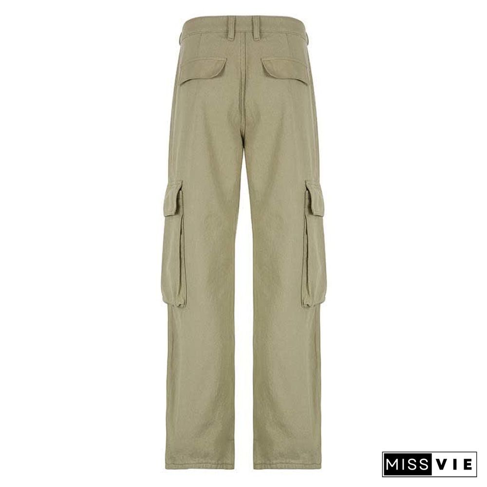 Vintage Pure Color Multi Pocket Cargo Denim Pants