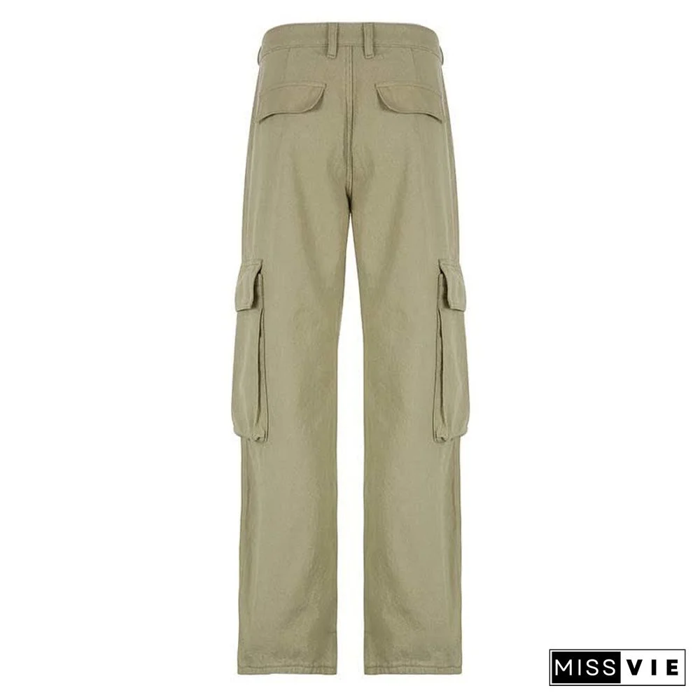 Vintage Pure Color Multi Pocket Cargo Denim Pants