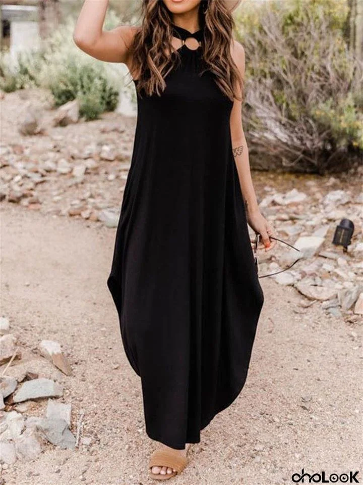 Casual Halter Neck Solid Color Dresses With Pockets