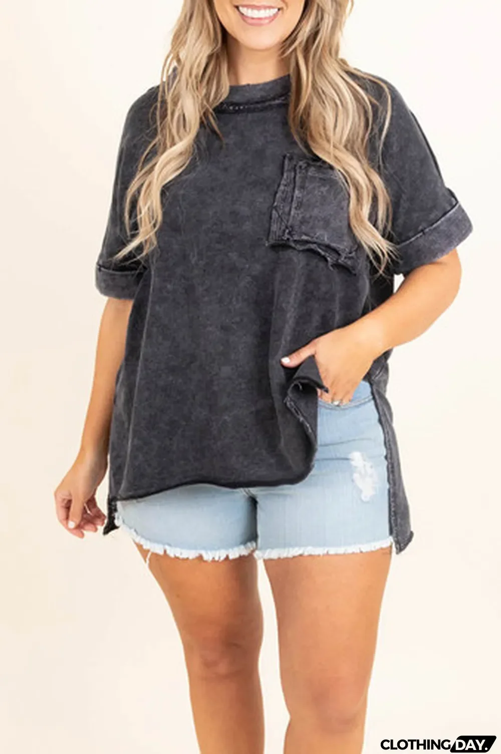 Gray Mineral Wash Distressed Slit Patch Pocket Oversize Tee