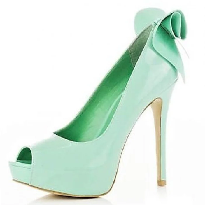 Mint Green Peep Toe Platform Stiletto Heel Pumps with Bow Vdcoo