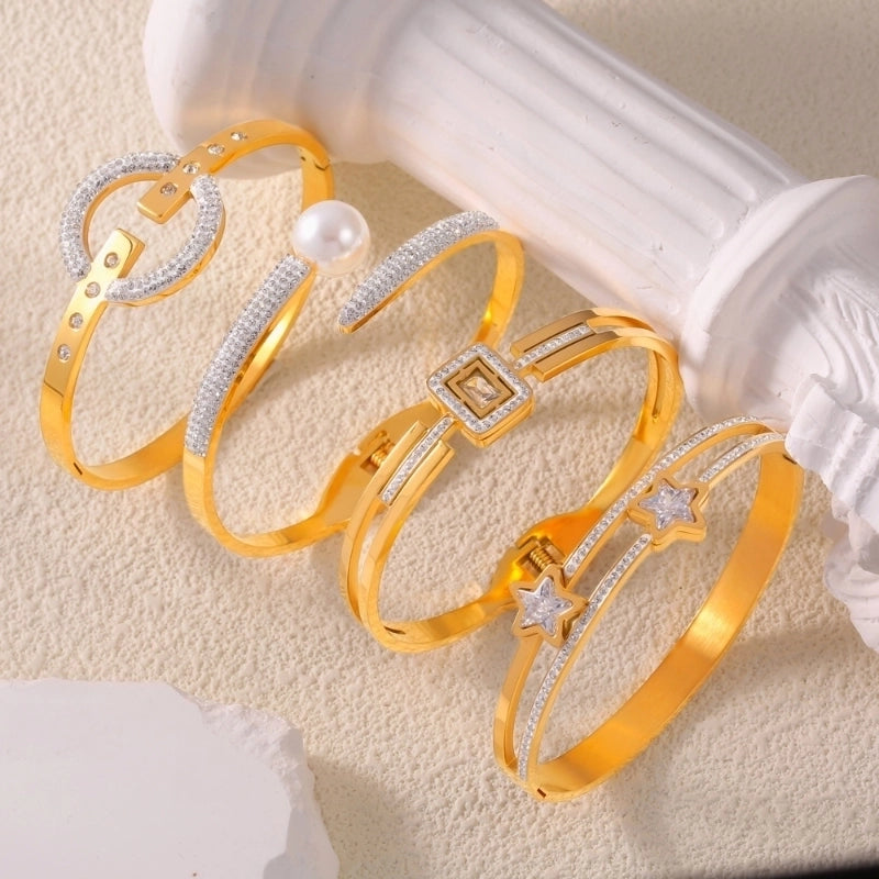 Minimalist Commute Round Square Star 304 Stainless Steel 18K Gold Plated Rhinestones Zircon Bangle In Bulk