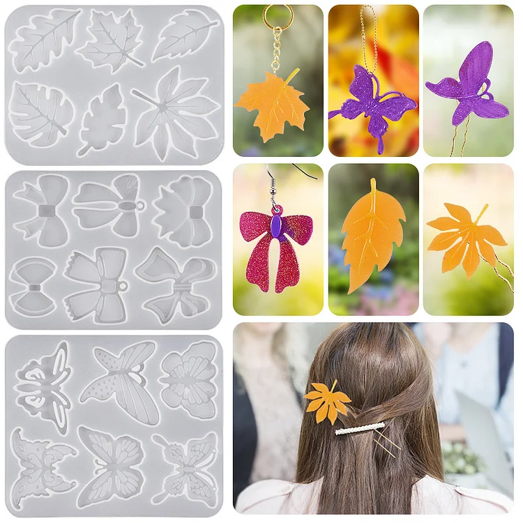3pcs handmade DIY glue mold, hairpin hairpin mold, mirror flower bow earrings, leaf pendant silicone mold