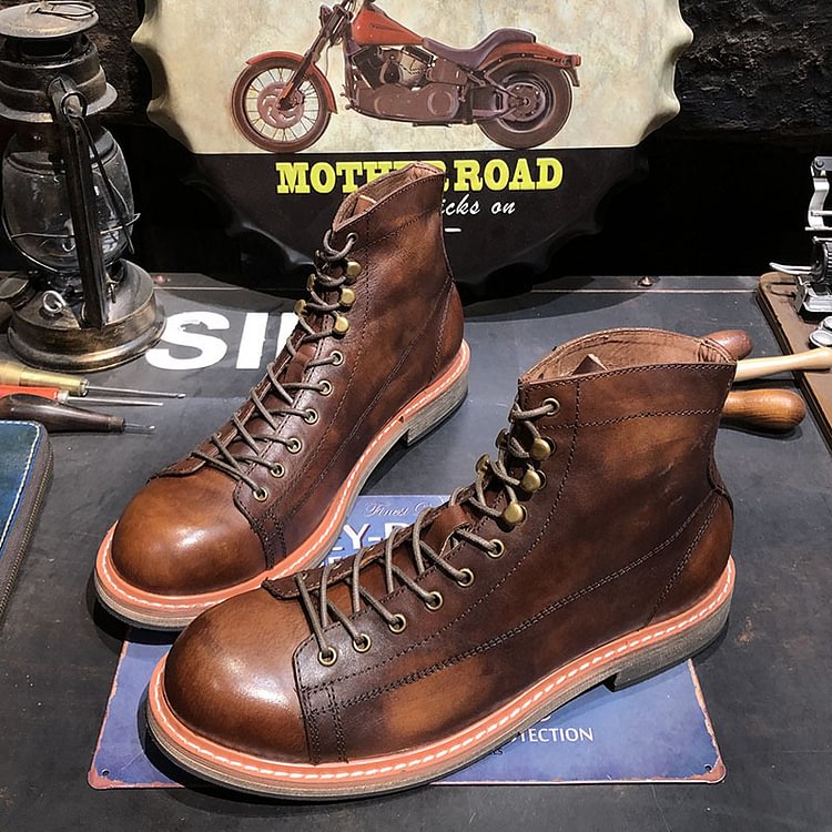 Vintage Motorcycle Leather Ankle Boots Shoes
